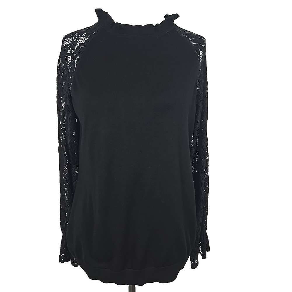 Adrianna Papell Black Scallop Neck Lace Sleeve  Nylon Blend Knit Top Medium M‎
